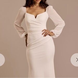 David's Bridal Long Sleeve Ivory Sheath Wedding Dress